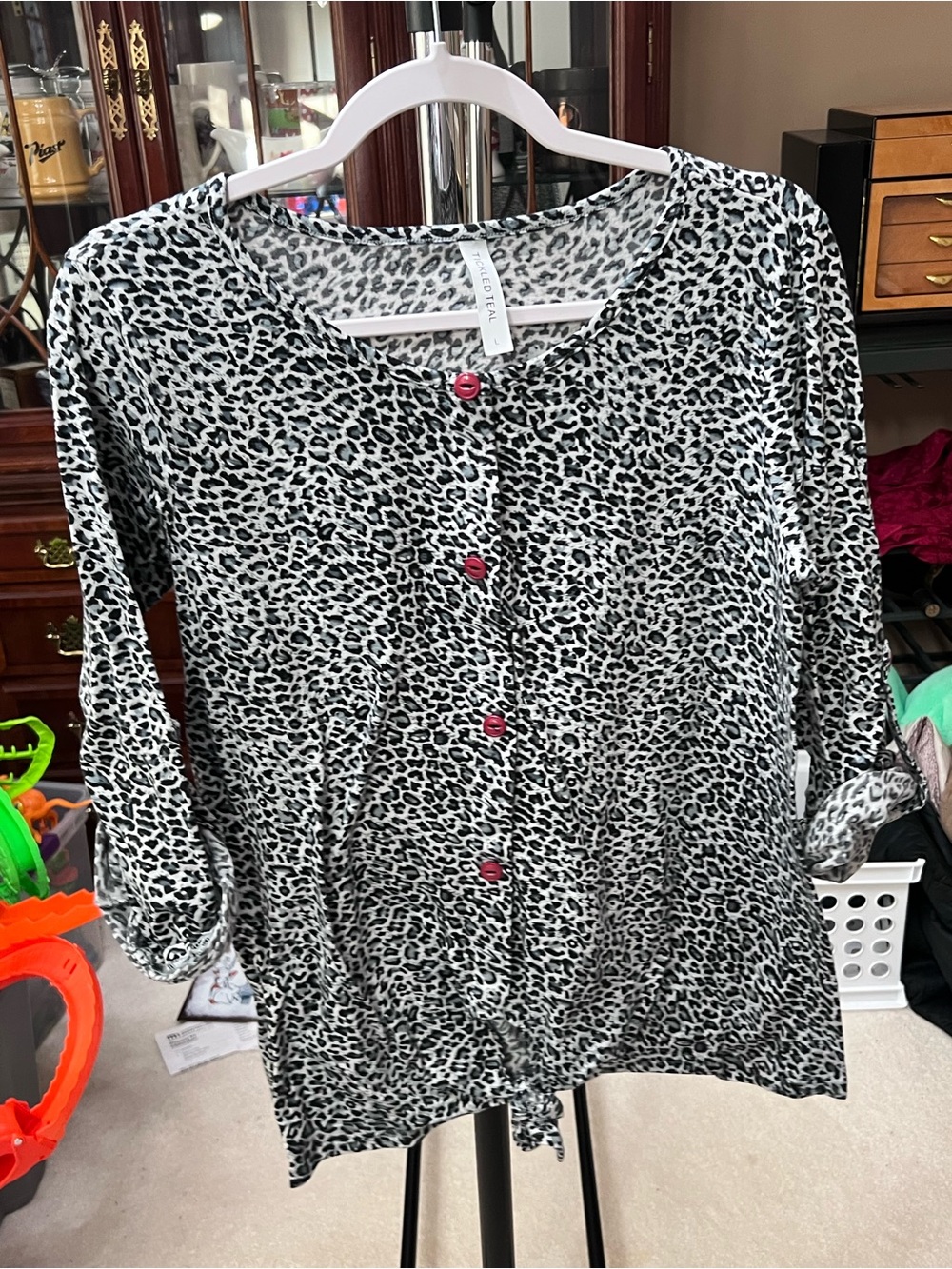 Tickled Teal Black & White Leopard-Print Button Front Top with Pink Buttons